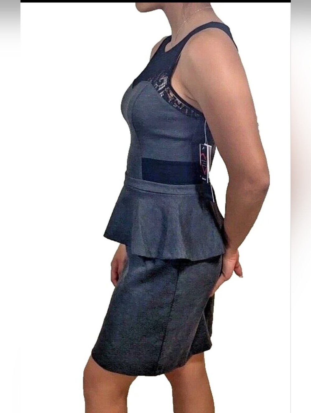 Kensie Gray Peplum Mini Dress with Black Lace Yoke, Large NWT - Picture 6 of 12